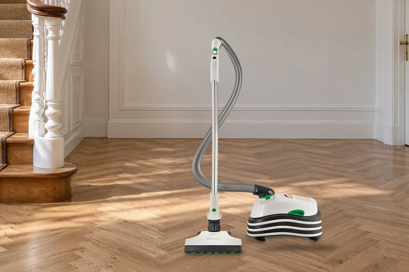 Kobold VT300 am Fuß einer Treppe mit Sisal-Stufenbelag